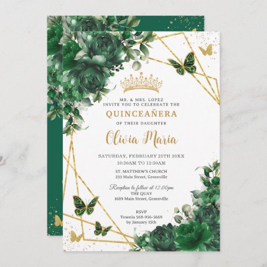 シックエメラルドグリーンフローラ蝶キンセアニラ 招待状 (正面/裏面)