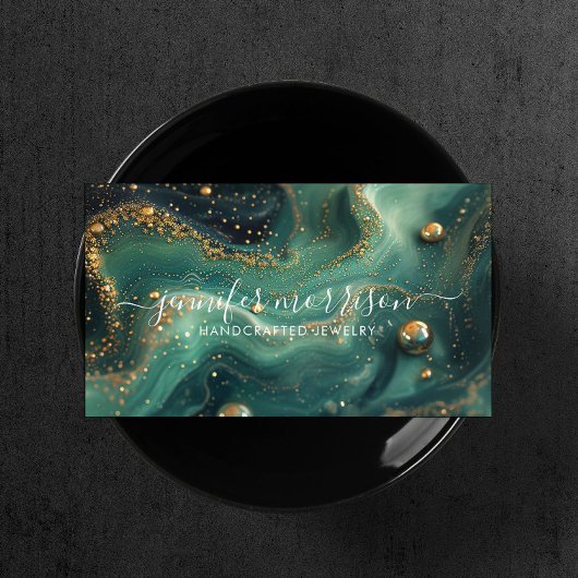 シックエメラルドグリーンマラカイト金ゴールドグリッタージュエリー 名刺