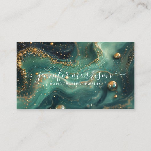 シックエメラルドグリーンマラカイト金ゴールドグリッタージュエリー 名刺 (正面)