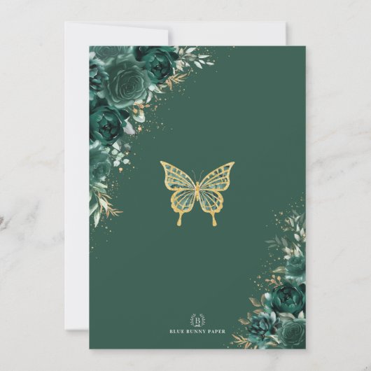 シックエメラルドグリーン金ゴールドキンセアニラプリンセスガウン 招待状 (裏面)