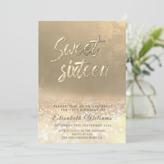 シックエレガントなグラム金ゴールドの華グラデーションやかな甘い16 招待状 (スタンド正面)