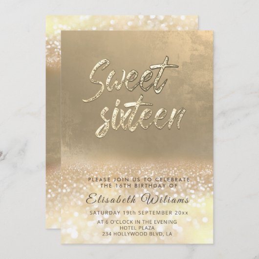 シックエレガントなグラム金ゴールドの華グラデーションやかな甘い16 招待状 (正面/裏面)