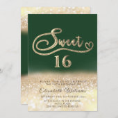 シックエレガントなグラム金ゴールドの輝きグラデーション緑 招待状 (正面/裏面)