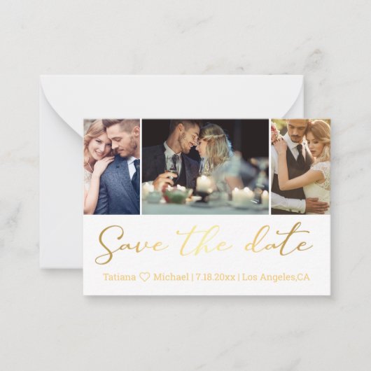 シックエレガントなゴールデン3写真コラージュ日付を保存 ノートカード (正面)
