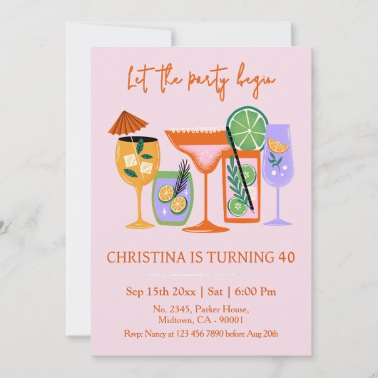 シックエレガントなトロピカルカクテルドリンク40th誕生日 招待状 (正面)