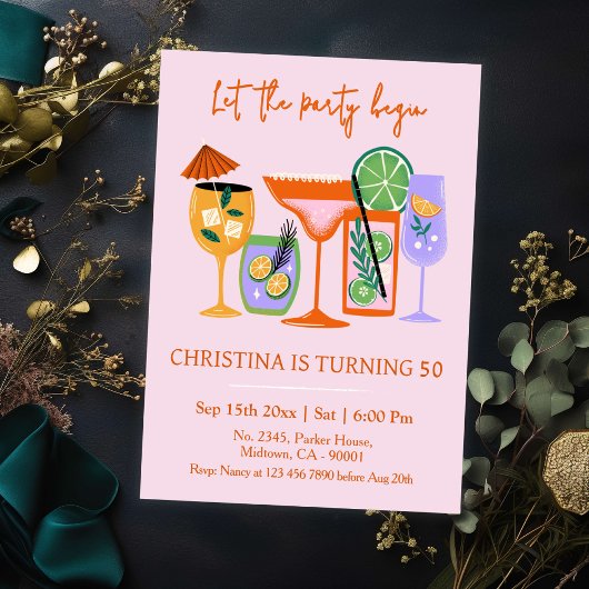 シックエレガントなトロピカルカクテルドリンク50th誕生日 招待状