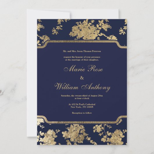 シックエレガントなネイビーフェイクル金ゴールド結婚フローラ 招待状 (正面)