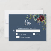 シックエレガントなネイビーブルーブルゴーニュ結婚ーフローラ 出欠カード (正面)