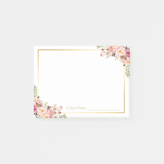 シックエレガントなピンクのフローラデコールと金ゴールドフレーム ポストイット (正面)