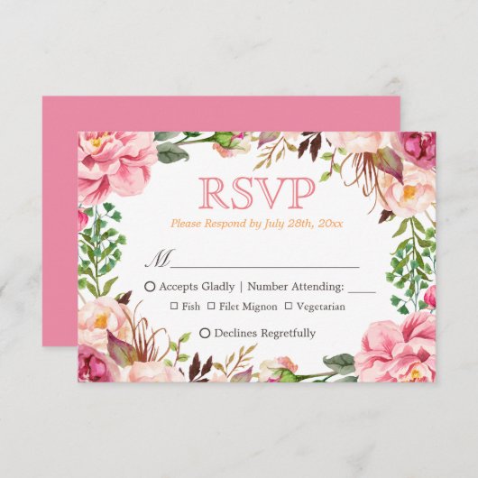 シックエレガントなピンクのフローラ食事の選択肢RSVP 出欠カード (正面/裏面)