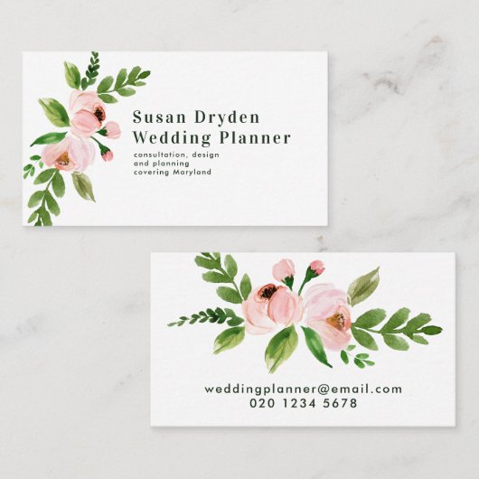 シックエレガントなピンク色の水彩フローラ 名刺 (正面/裏面)