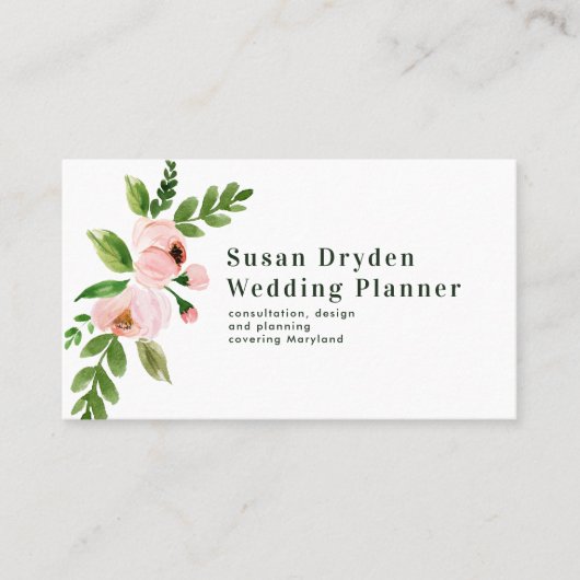 シックエレガントなピンク色の水彩フローラ 名刺 (正面)
