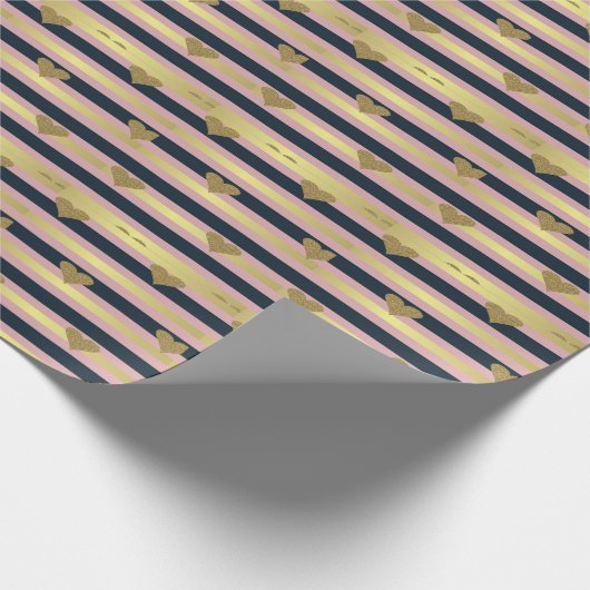 シックエレガントなフェイク金ゴールドキラキラのハートオンストライプ ラッピングペーパー (角)