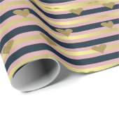 シックエレガントなフェイク金ゴールドキラキラのハートオンストライプ ラッピングペーパー (ロールコーナー)