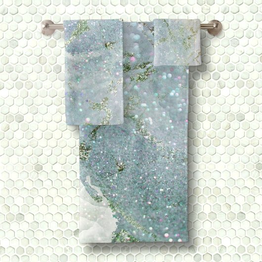 シックエレガントなホワイトグレーの銀グリッター大理石 バスタオルセット