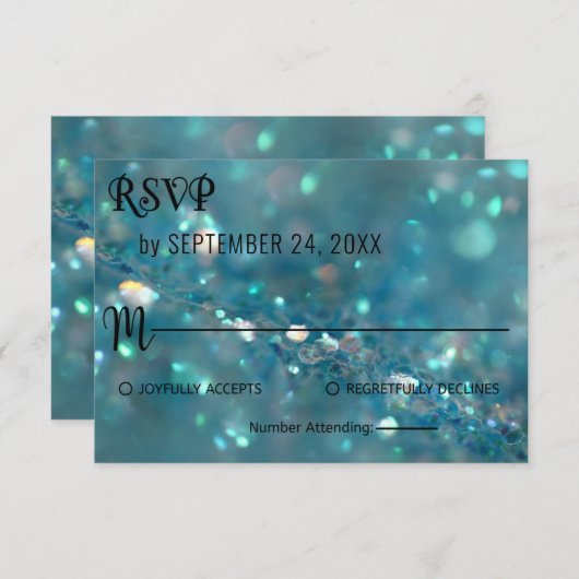 シックエレガントな上品なブルーグリッターウェディングRSVPカード 出欠カード (正面/裏面)