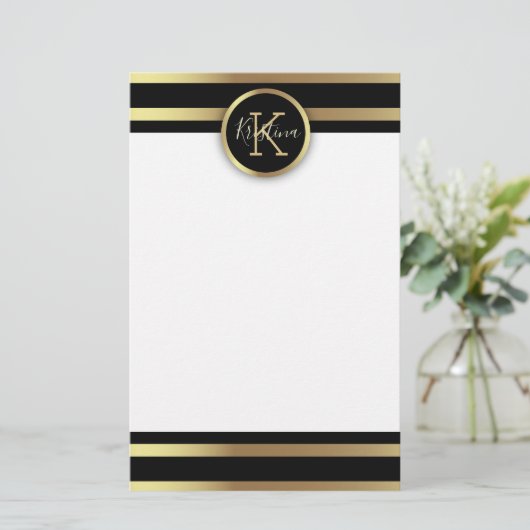 シックエレガントな光沢のある金ゴールドと黒ストライプの 便箋 (スタンド正面)