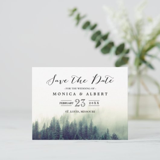 シックエレガントな松の木の森の日付を保存 案内ポストカード (スタンド正面)