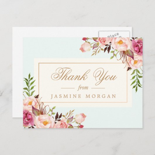 シックエレガントな水の色の花ありがとう ポストカード (正面/裏面)