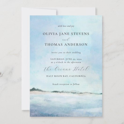 シックエレガントな水カラービーチオールインワン結婚ズ 招待状 (正面)