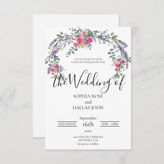 シックエレガントな水色ラベンダーピンク結婚ローズ 招待状 (正面/裏面)