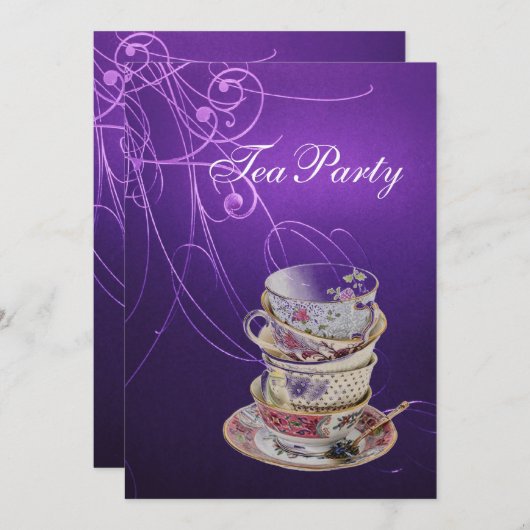 シックエレガントな渦巻きヴィンテージ紫茶パーティー 招待状 (正面/裏面)