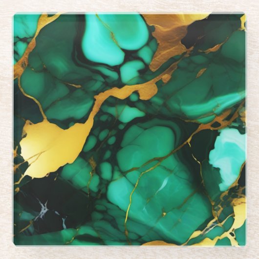 シックエレガントな濃い緑の黄金色のフェイク大理石 ガラスコースター (正面)