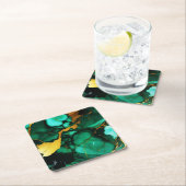 シックエレガントな濃い緑の黄金色のフェイク大理石 スクエアペーパーコースター (インサイチュ)