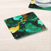 シックエレガントな濃い緑の黄金色のフェイク大理石 スクエアペーパーコースター (アングル)