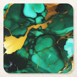 シックエレガントな濃い緑の黄金色のフェイク大理石 スクエアペーパーコースター