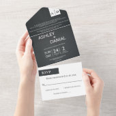 シックエレガントな白黒のスクリプモダント結婚ス オールインワン招待状 (貼ってはがせる)