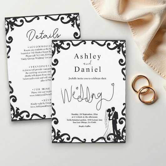 シックエレガントな白黒カップルのフレーム結婚ズ 招待状