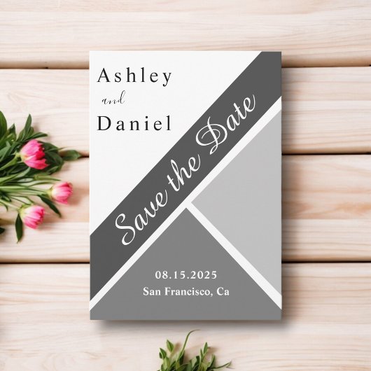 シックエレガントな白黒グレーモダン結婚ズ セーブザデート