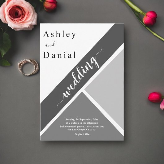 シックエレガントな白黒グレーモダン結婚ズ 招待状