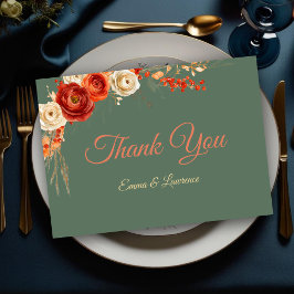 シックエレガントな秋オレンジのセージ結婚花 サンキューカード