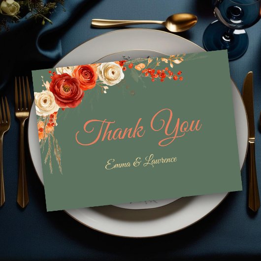 シックエレガントな秋オレンジのセージ結婚花 サンキューカード