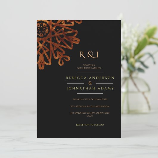 シックエレガントな装飾ブラックと金ゴールド結婚ズ 招待状 (スタンド正面)