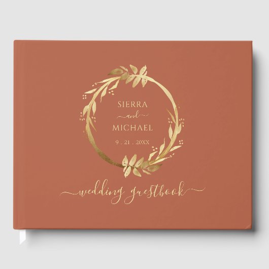 シックエレガントな金ゴールドの葉テラコッタラスト結婚ズ ゲストブック (正面)