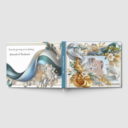 シックエレガントな金ゴールド、シルバー、ブルー、イエローの渦巻き ゲストブック (全面)