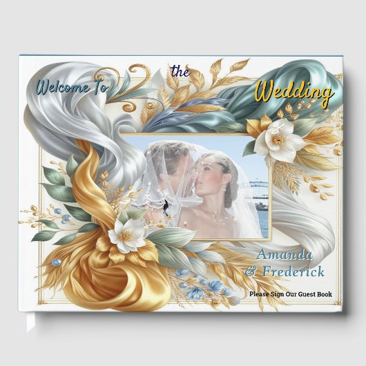シックエレガントな金ゴールド、シルバー、ブルー、イエローの渦巻き ゲストブック (正面)