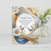シックエレガントな金ゴールド、シルバー、ブルー、イエローの渦巻き サンキューカード (スタンド正面)