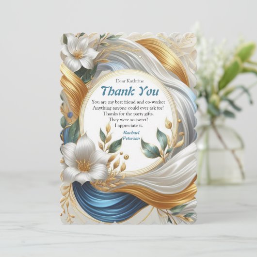 シックエレガントな金ゴールド、シルバー、ブルー、イエローの渦巻き サンキューカード (スタンド正面)