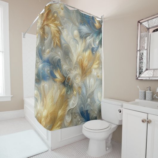 シックエレガントな金ゴールド、シルバー、ブルー、イエローの渦巻き シャワーカーテン (インサイチュ)