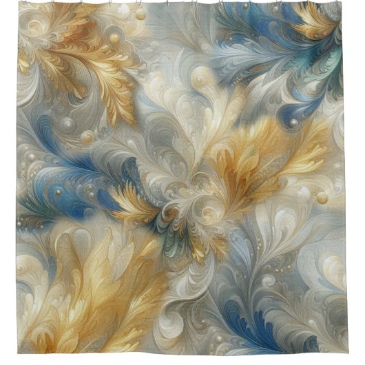 シックエレガントな金ゴールド、シルバー、ブルー、イエローの渦巻き シャワーカーテン (正面)