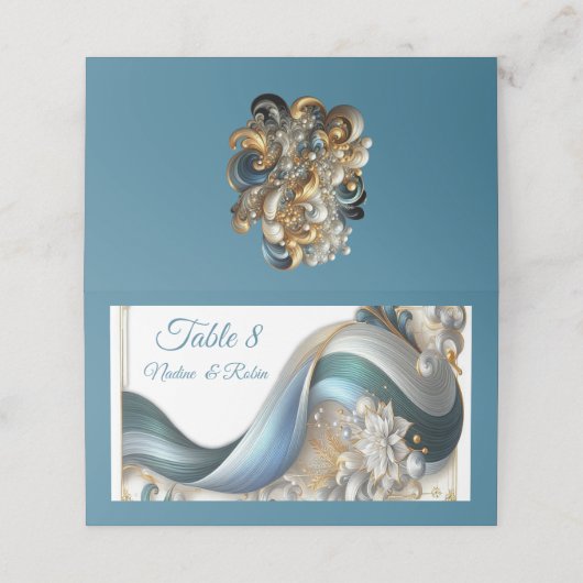 シックエレガントな金ゴールド、シルバー、ブルー、イエローの渦巻き プレイスカード (外部開封)