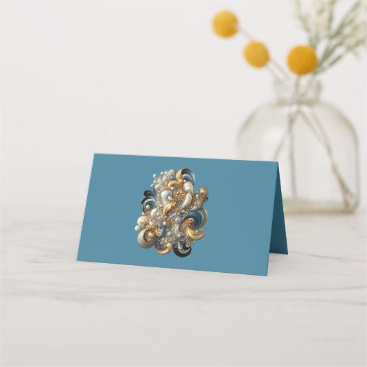 シックエレガントな金ゴールド、シルバー、ブルー、イエローの渦巻き プレイスカード (裏面)