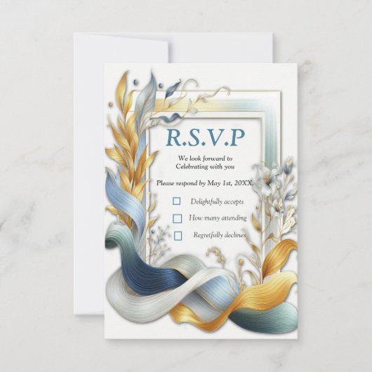 シックエレガントな金ゴールド、シルバー、ブルー、イエローの渦巻き 出欠カード (正面)