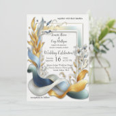 シックエレガントな金ゴールド、シルバー、ブルー、イエローの渦巻き 招待状 (スタンド正面)