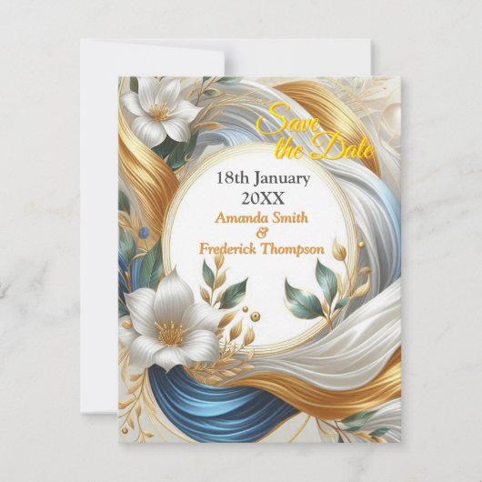 シックエレガントな金ゴールド、シルバー、ブルー、イエローの渦巻き 案内状 (正面)