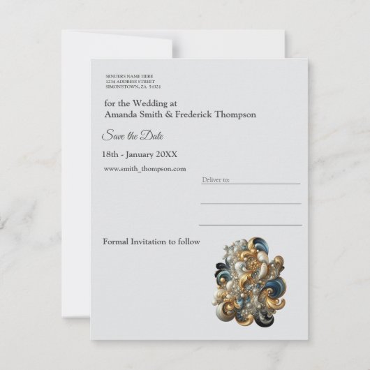 シックエレガントな金ゴールド、シルバー、ブルー、イエローの渦巻き 案内状 (裏面)